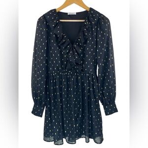 Saint Laurent Silk Blend Ruffle Mini Dress Black Gold Polka Dot Long Sleeve